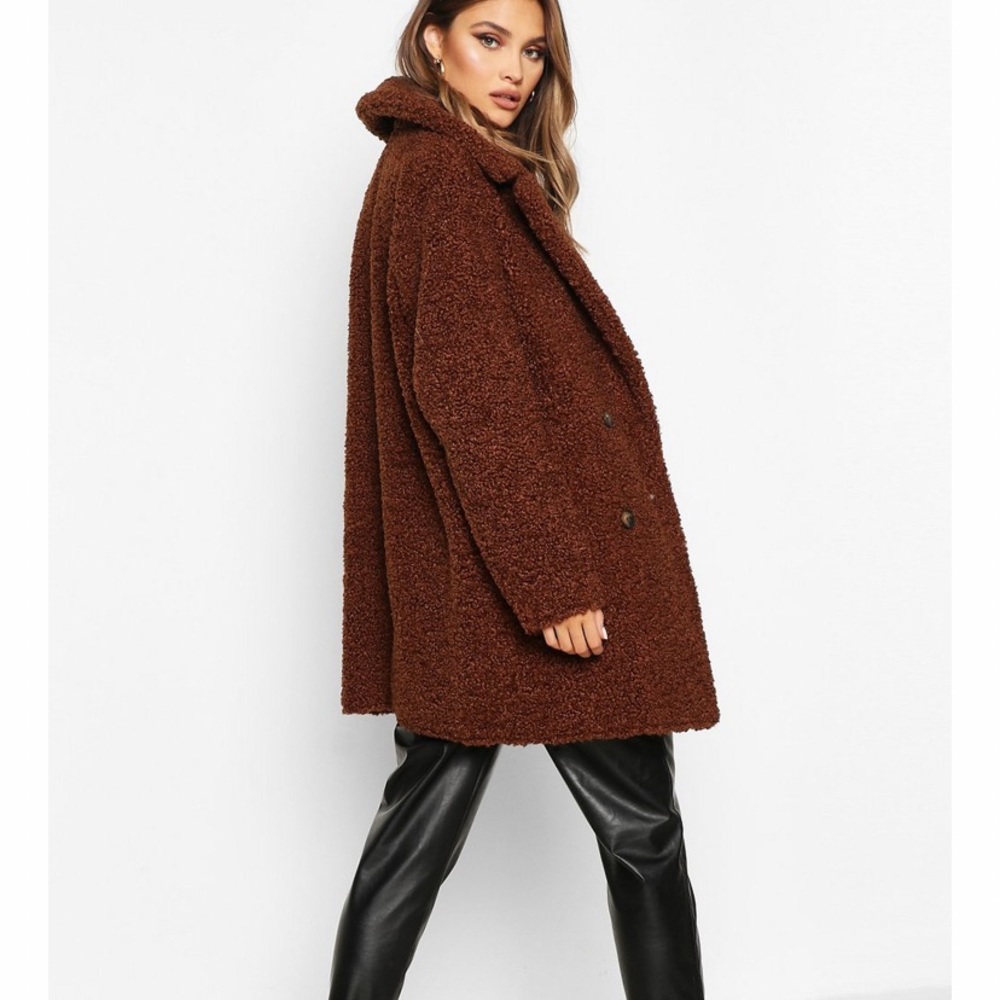 BOOHOO BONDED DOUBLE BREASTED FAUX FUR TEDDY COAT IN CHOCOLATE SIZE 6 - Picture 3 of 16